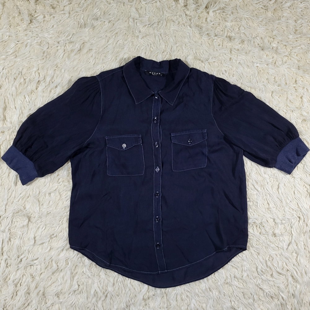 Maven West Navy Blouse Short Sleeve Rib Cuff Med - Picture 1 of 15